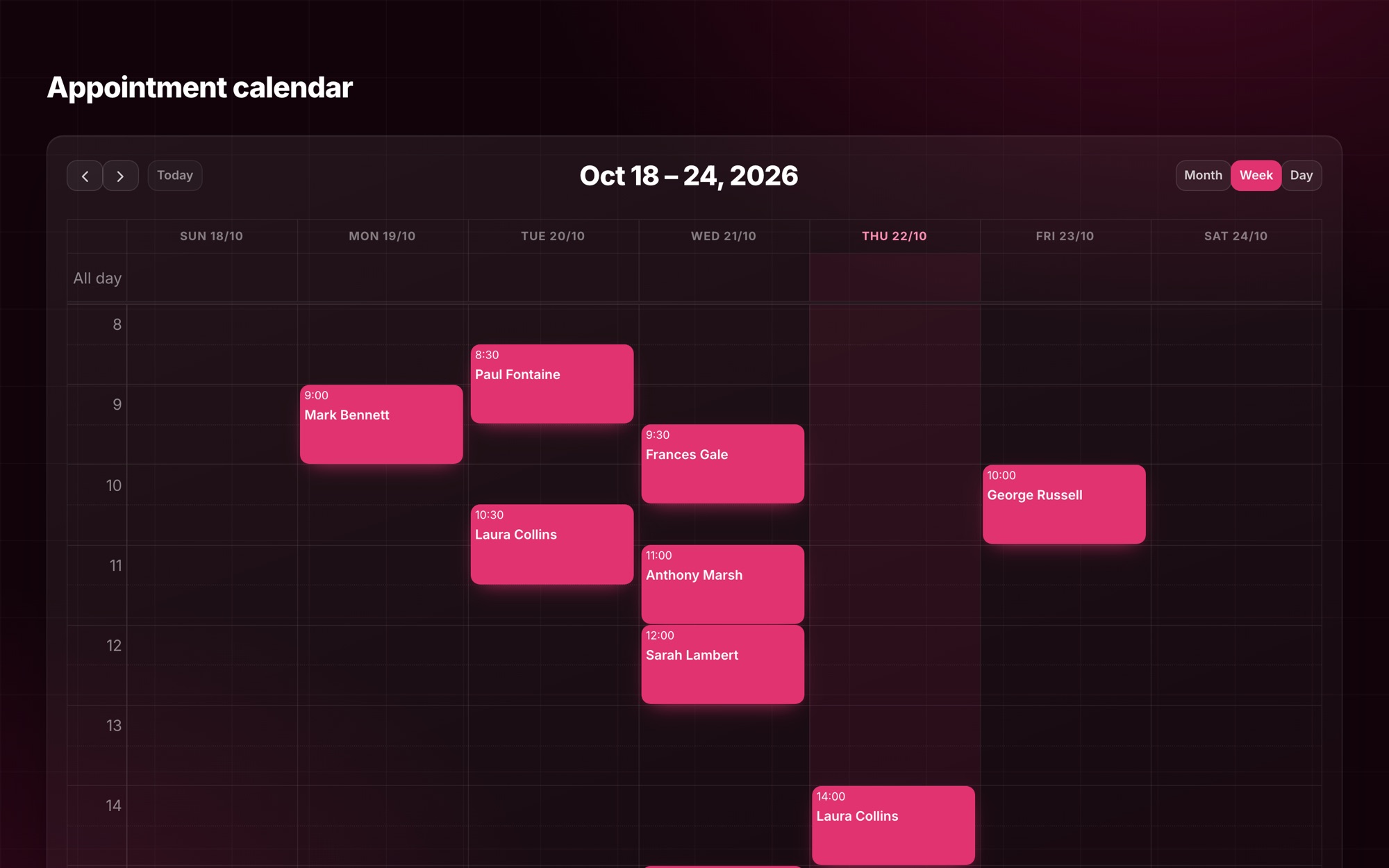 Calendario settimanale degli appuntamenti dello studio in Heartly
